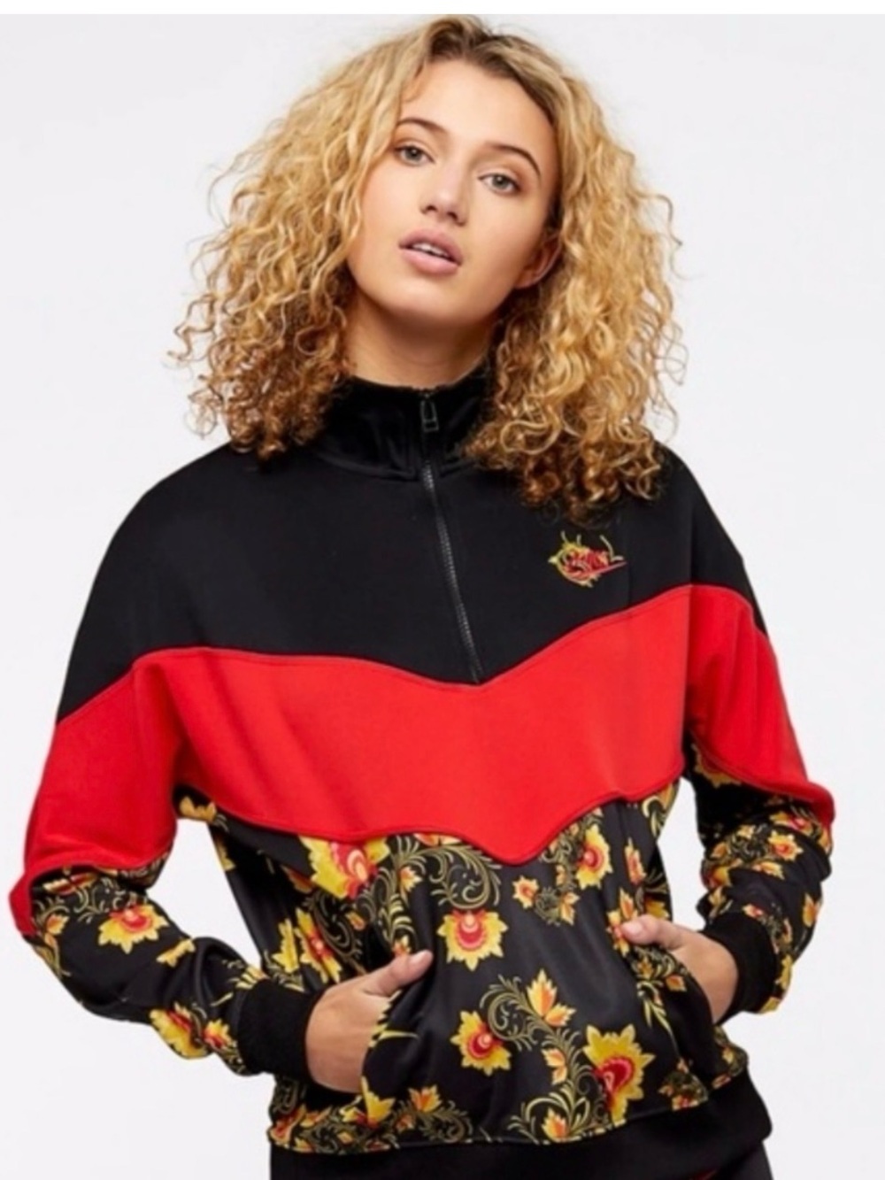 Nike Black and Red Bomber Jacket with Yellow Floral Trim